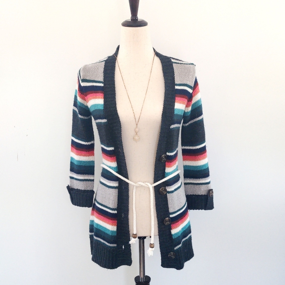 Multi-colored Knitted Button Down Cardigan w/ Belt